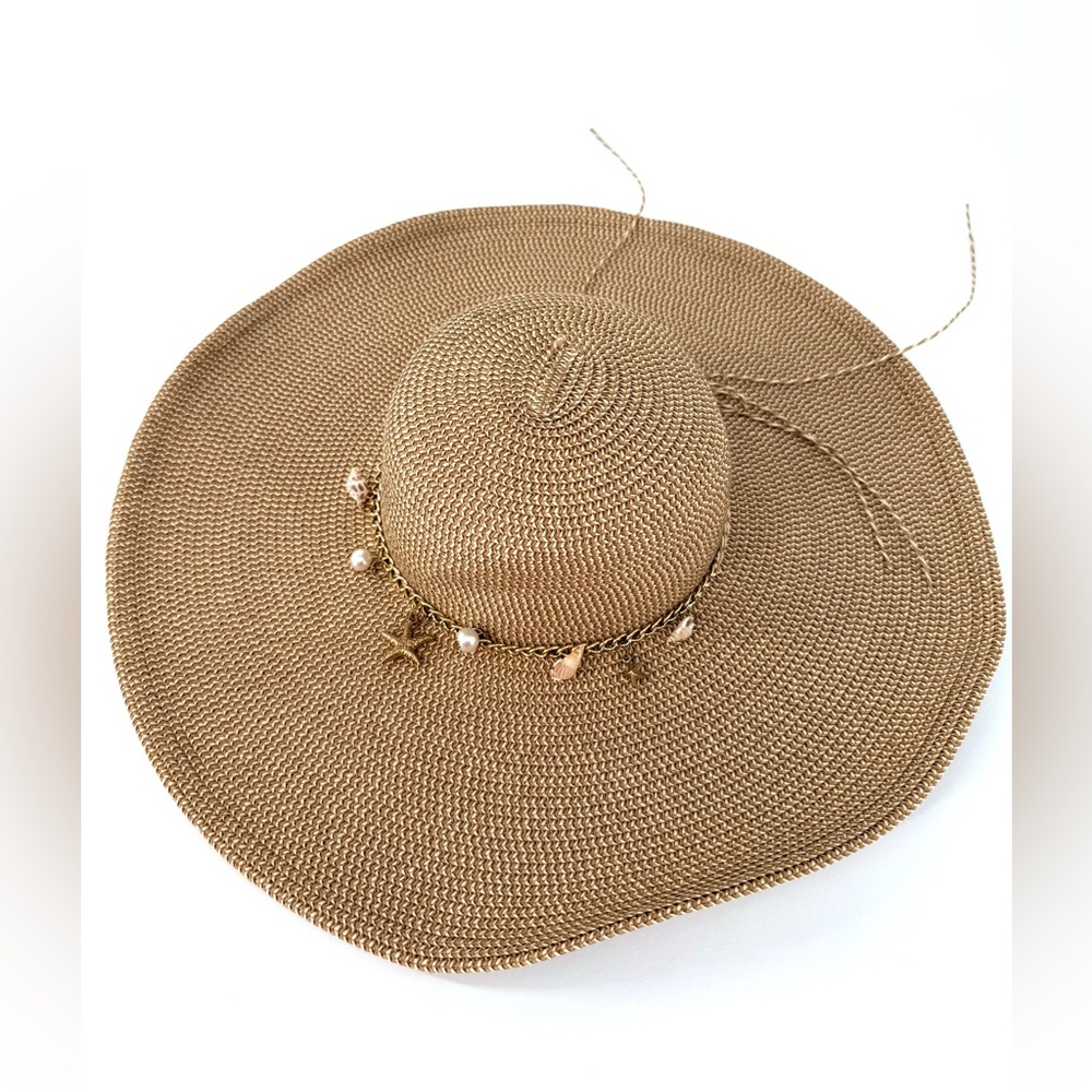 Elegant Tan Sun Hat with Gold Seashell Accents